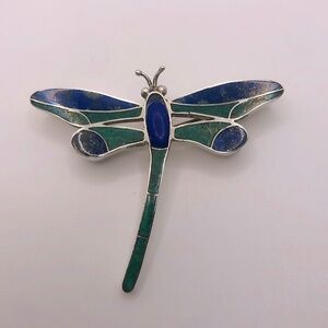 Vtg 970 Silver Lapis Green Turquoise Inlay Inlaid Dragonfly Pendant Brooch 2.3”
